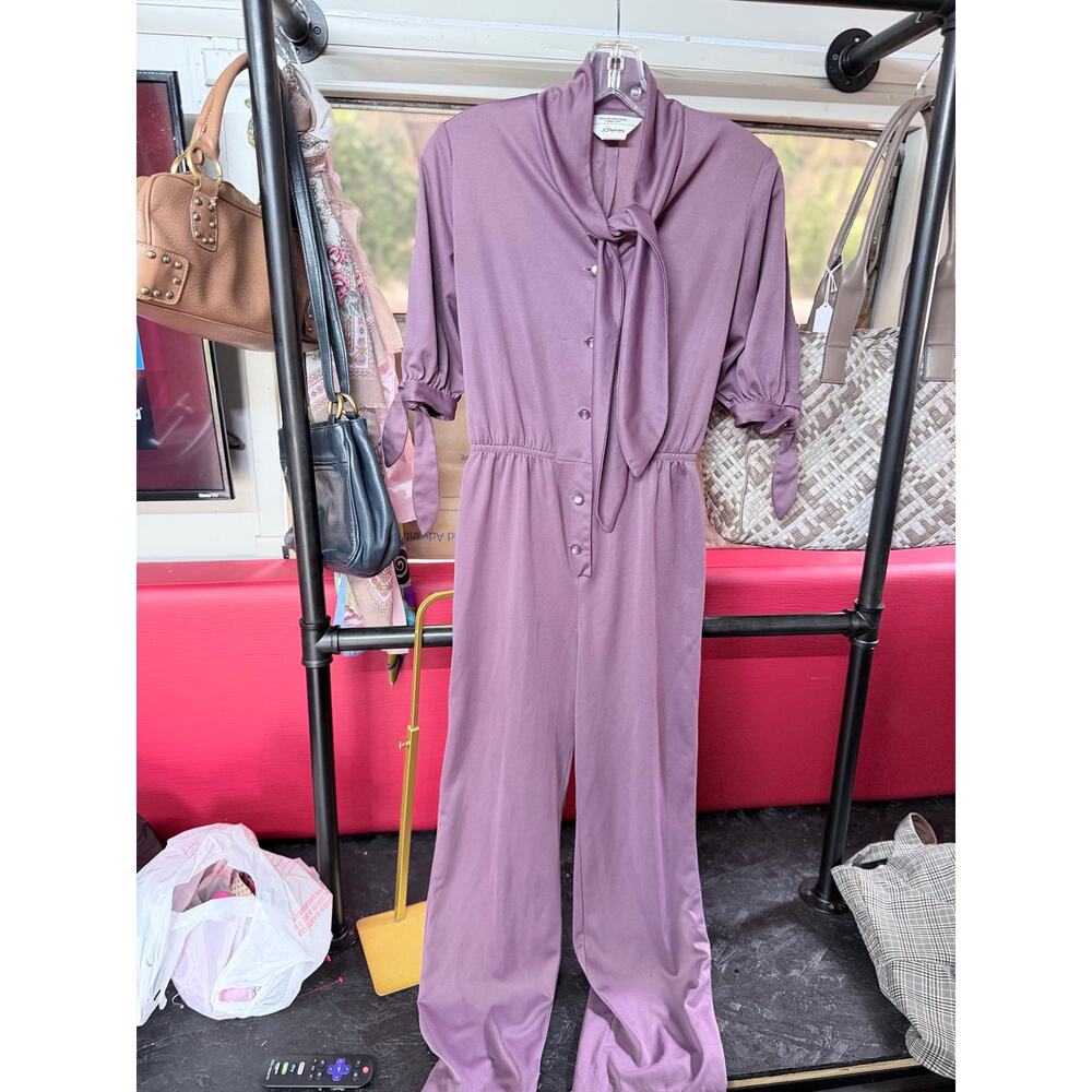 Vintage 70s 80s Mauve Jumpsuit JCPenney Bow Neck Ascot Sz 9